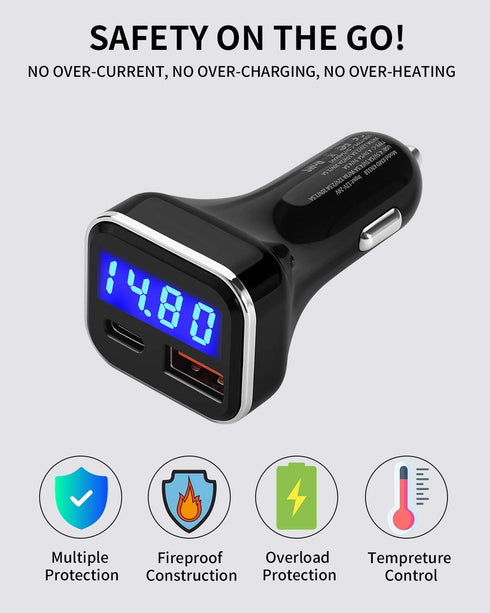 USB C Car Charger Adapter with Voltage Display, 30W Fast Charge Power Delivery & Quick Charge 3.0 Compatible with