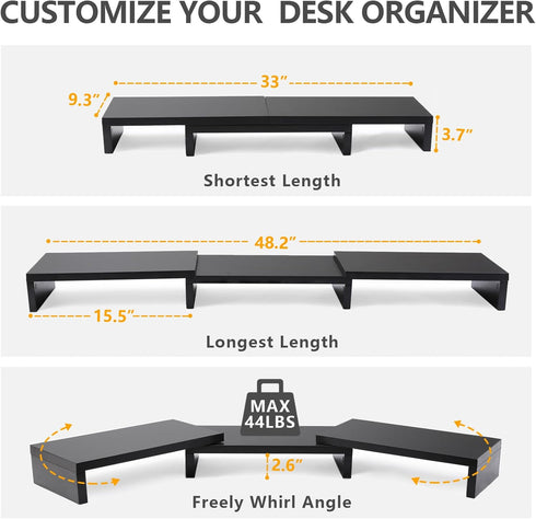 TAVR Dual Monitor Stand Riser for 2 Monitors, Adjustable Length and Angle, 3 Shelf, Black