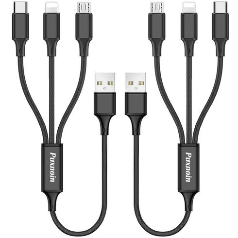 Puxnoin Multi Charging Cable, 2Pack Short 1FT Braided Universal 3 in 1 USB Cable with Type-C, Micro USB Connectors