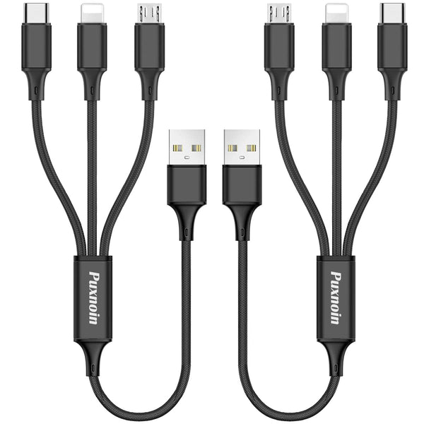 Puxnoin Multi Charging Cable, 2Pack Short 1FT Braided Universal 3 in 1 USB Cable with Type-C, Micro USB Connectors