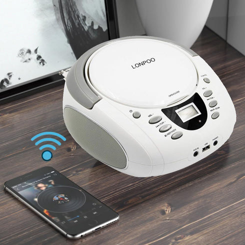 LONPOO CD Player Portable Boombox with FM Radio, USB, Bluetooth, AUX Input, Stereo Sound Speaker & Audio Player, White