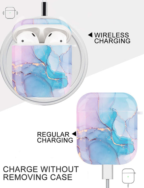 Protective Hard Case Cover with Cleaner Kit Portable Shockproof Women Girls with Keychain for Apple Airpods 2/1 Charging Case - Watercolor Marble