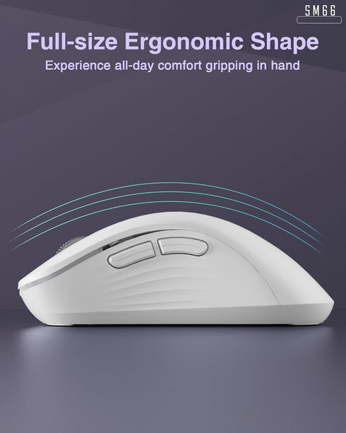 SM66 White Silent Dual Mode Wireless Mouse, Bluetooth/2.4GHz, Adjustable 4200 DPI, Rechargeable for PC, Mac