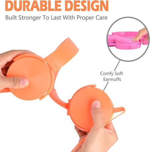 Kids Headphones 2 Pack for School, Durable Wired Student Headset for Laptop, Library, Airplane, Travel (Pink+Orange)