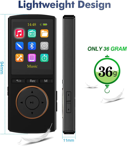 MP3 Player, Safuciiv 32GB with Bluetooth 5.2, Lossless Music HiFi Sound Quality, FM Radio, Earphones Included