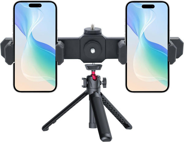 Hiyoo Universal Dual Cell Phone Holder Smartphone Tripod Mount Adapter, 360 Rotation Adjustable