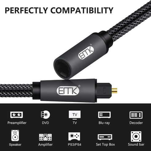 24K 3.3ft EMK Optical Extension Cable Male to Female Coupler Cord Nylon Braided Jacket Gold-Plated Fiber Digital