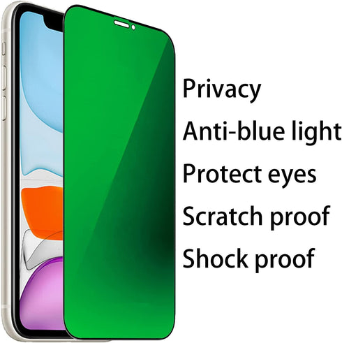 2 Pack Anti-Blue Privacy Tempered Glass for iPhone 11/XR, 6.1 inch, Anti-Spy Screen Protector, 9H Hardness (Green)