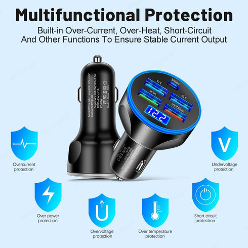 5-in-1 Multi-Port Car Charger with Voltage Detection, PD+3USB+QC3.0 Fast Charge Adapter for iPhone/Android/Samsung/iPad