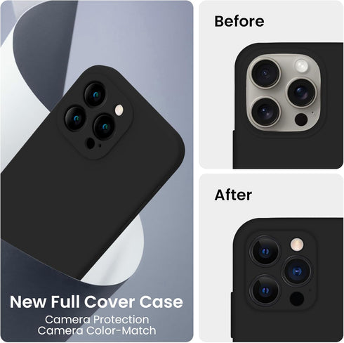 iPhone 15 Pro Case by FireNova, Black Silicone, 6.1", with Camera Protection & 2 Screen Protectors, Soft Microfiber