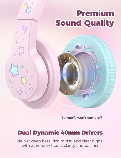 iClever HS19S Kids Headphones: Safe Volume 85/94dB, Foldable Over-Ear Stereo Sound, Mic, 3.5mm for iPad/Computer.