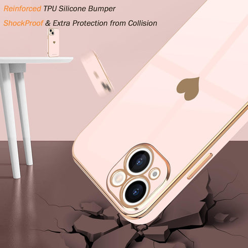 Teageo iPhone 14 Case for Women, Cute Love Heart Luxury Electroplate Plating Soft Bling Back Cover - Light Pink
