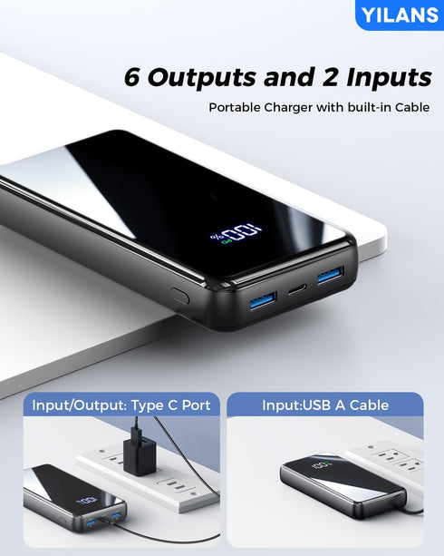 YILANS Charger,50000mAh 22.5W Pack 6 2 17/16/15/14/13/12(Black) Portable Power Bank Built-in Cable, PD USB C In & Out