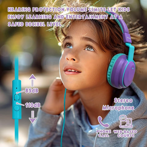 Headphone Kids Volume Limited 85/96dB, Wired Over-Ear/On-Ear Foldable Headset with Inline Cable Aux 3.5mm Cord Mic for