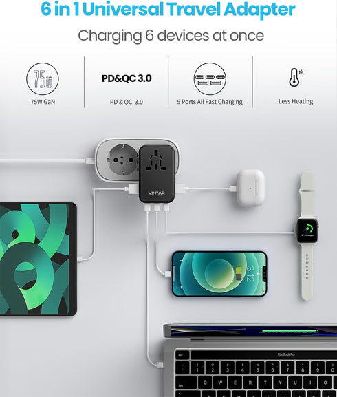 VINTAR 75W GaN Universal Travel Adapter with 3 USB C PD and 2 USB A QC, All in One Travel Essentials for Worldwide Use