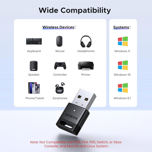 UGREEN 5.4 11/10/8.1, USB Bluetooth Adapter for PC Bluetooth Dongle Receiver EDR & BLE, Plug & Play Supports Windows
