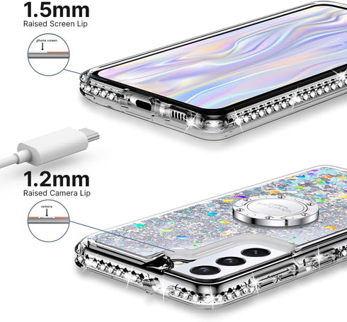 Silverback Moving Liquid Holographic Glitter Case for Samsung Galaxy S21, Kickstand, Bling Diamond Ring Slim Protective