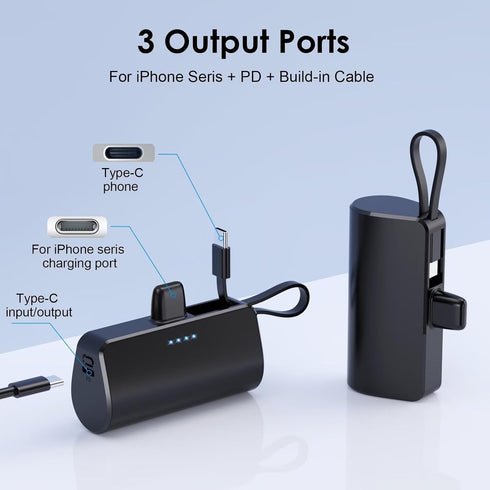 Pxwaxpy 5200mAh 20W Pack 16/15/14/13/12, Mini Portable Charger for iPhone with Built-in Type-C Cable, Ultra-Compact