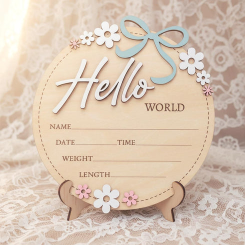 6 Inch Wooden Baby Announcement Sign Round Birth Stat Plaque with Floral and Bow Design (Blue)