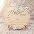 6 Inch Wooden Baby Announcement Sign Round Birth Stat Plaque with Floral and Bow Design (Blue)