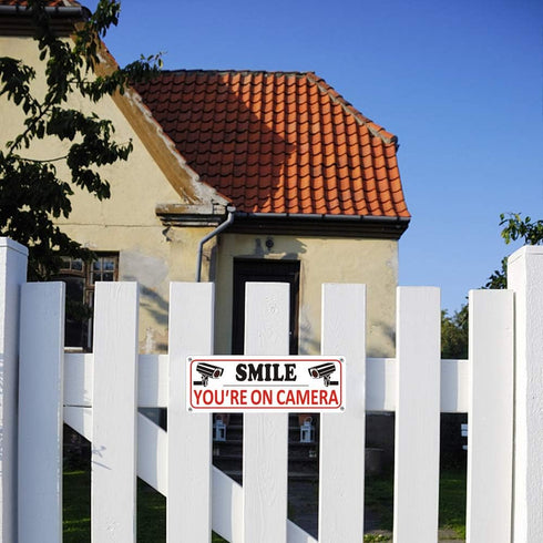 Smile You're on Camera Sign, 2 Pack Video Surveillance Sign, 10" x 3.5" Home Security Signs for House Business, Metal Camera Warning Sign Outdoor, Aluminum CCTV Sign for Yard by Bagstar