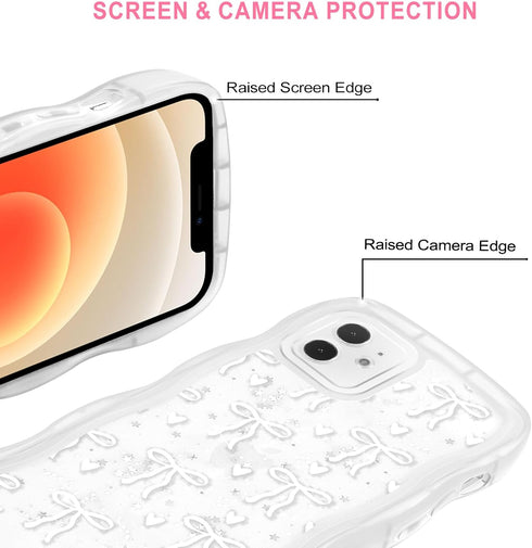 Zrutru 12 6.1",Kawaii 12,White Cute Bow Glitter Phone Case for iPhone Ribbons Bling Wave Cases Girly Heart Sparkling