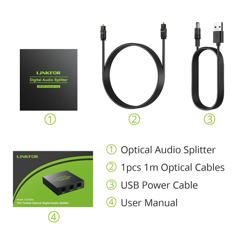 LiNKFOR Digital Optical Audio Splitter - 1x3 SPDIF Toslink Aluminum Alloy with Optical Cable Support