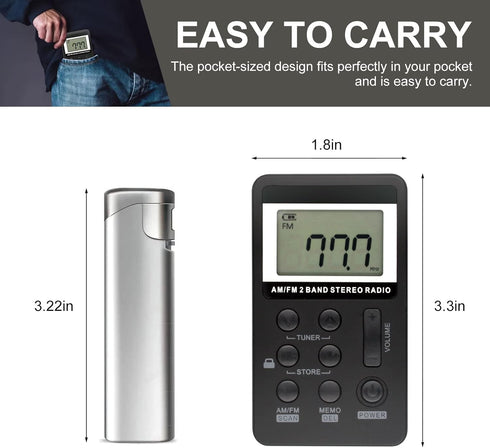 VR Robot Pocket AM FM Radio, Personal Portable Digital Tuning Walkman with Stereo Earphone, Rechargeable Battery