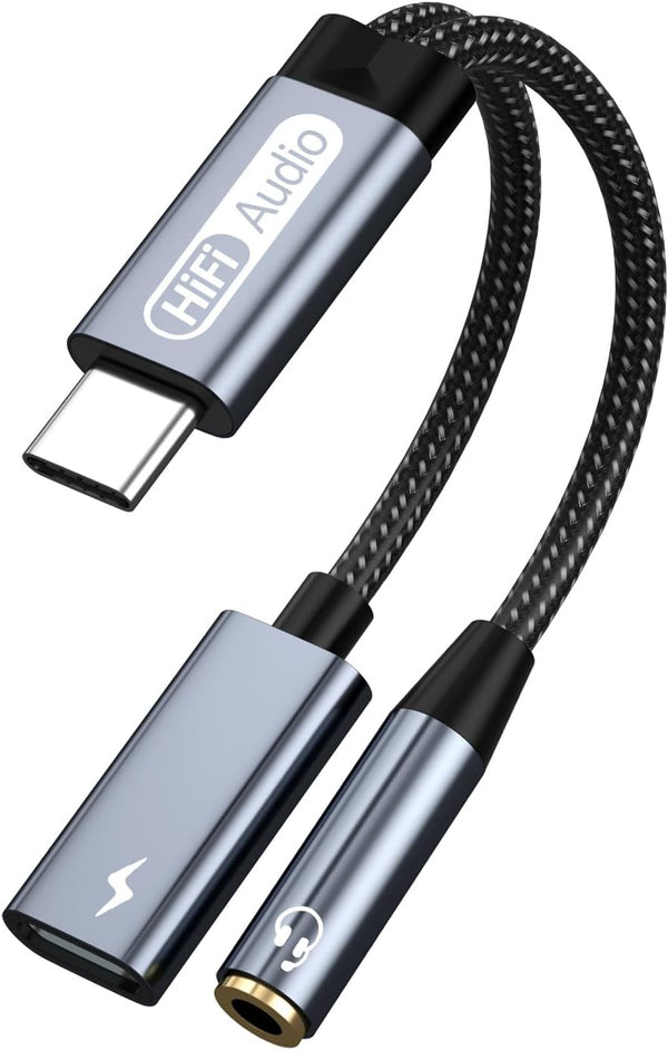 USB C to 3.5 mm Headphone and Charger Adapter, 2-in-1 USB C to 3.5 mm Female and USB C Charging Port, Fast Charging
