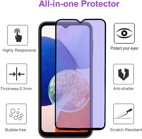 2-Pack Anti Blue Light Tempered Glass Screen Protector for Samsung Galaxy A14. 9H Hardness, No Bubbles, Eye Protection.