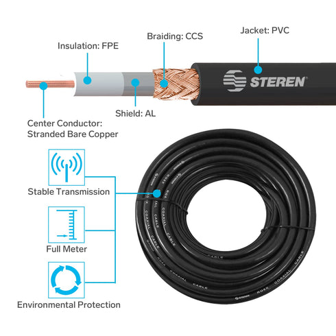 STEREN 3 ft RG8X Coaxial Coax Cable - Male to Male UHF Antenna Connector - 0.9 M 205-703
