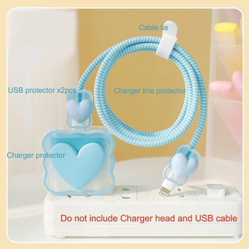 5 in 1 DIY 18W 20W Heart Shape Protector Data Cable USB Charger Line Earphone Wire Saver Organizer Compatible with iPhone 11 12 13 14 15 Pro Max (Love Blue)
