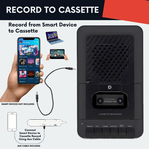 Portable Cassette Player Tape Recorder, Record to Cassettes via Mic or Aux, Built-in Speaker, Includes External Mic,