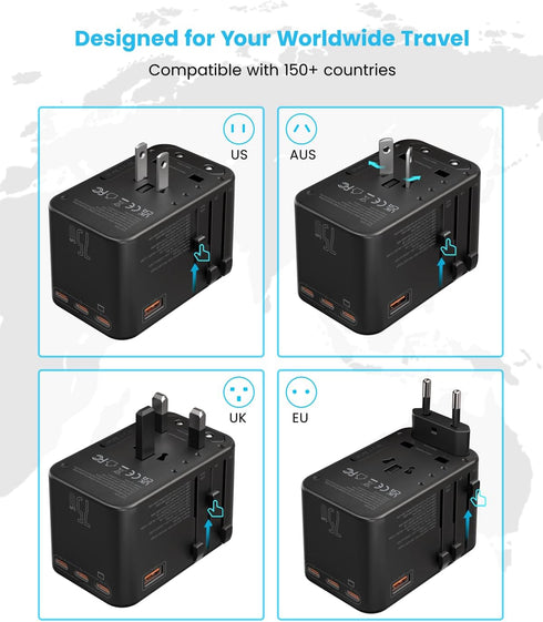 VINTAR 75W GaN Universal Travel Adapter with 3 USB C PD and 2 USB A QC, All in One Travel Essentials for Worldwide Use