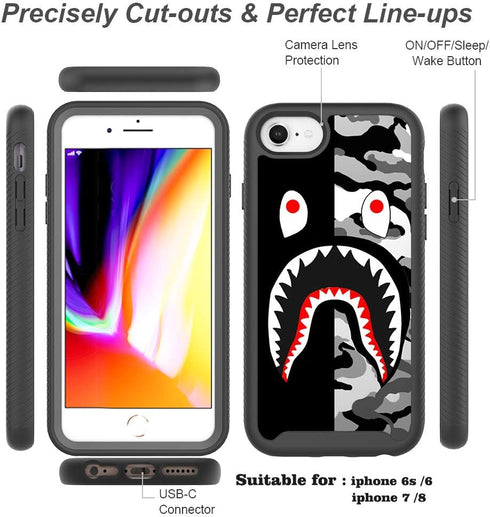 Compatible iPhone SE Case, iPhone 7 Case, iPhone 8 Case, Street Fashion Luxury Black Gray Shark Design Shockproof Cover