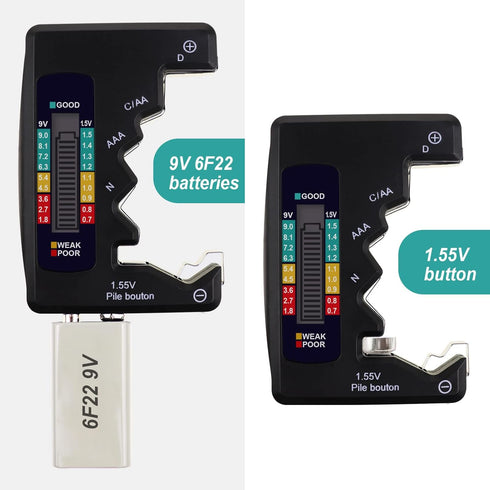 Battery Tester Checker C AA AAA D N 9V 1.5V Button Cell Batteries Clear Bar Graph LCD Display Pocket Size