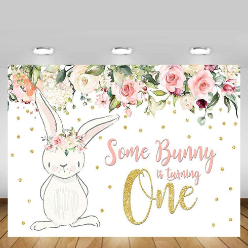 MEHOFOTO 8x6ft Bunny Girl One Birthday Party Backdrop - Spring Pink Floral Glitter Gold Rabbit Photography Background