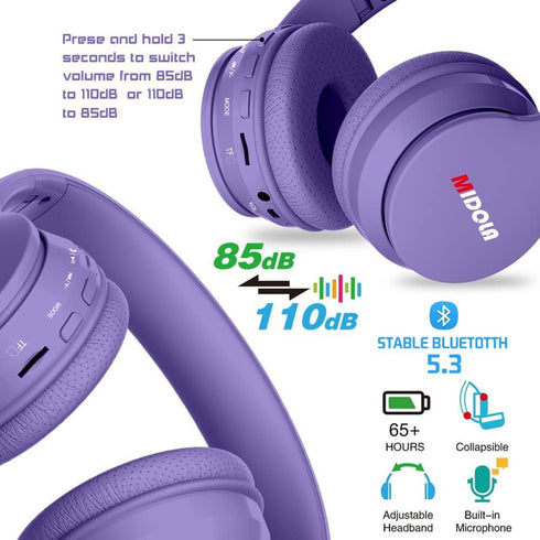 Kids Headphones Bluetooth 5.3 Wireless with 60H Play Time, Volume Limit 85/110dB, Foldable for Travel and School -