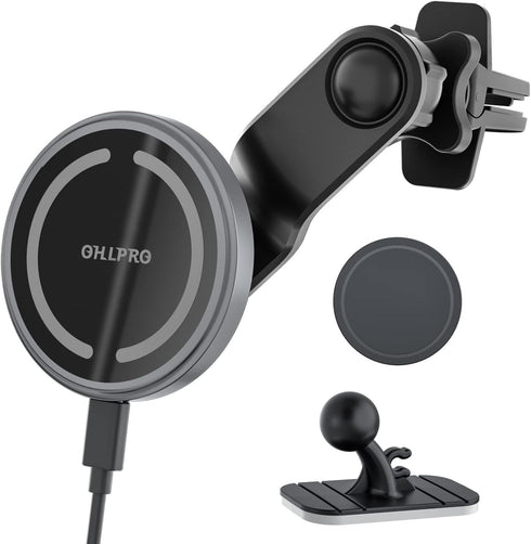 OHLPRO Magnetic Wireless Car Charger with Extended Arm, Compatible with MagSafe Car Mount for iPhone 16, 15W Fast