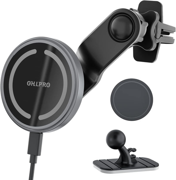 OHLPRO Magnetic Wireless Car Charger with Extended Arm, Compatible with MagSafe Car Mount for iPhone 16, 15W Fast