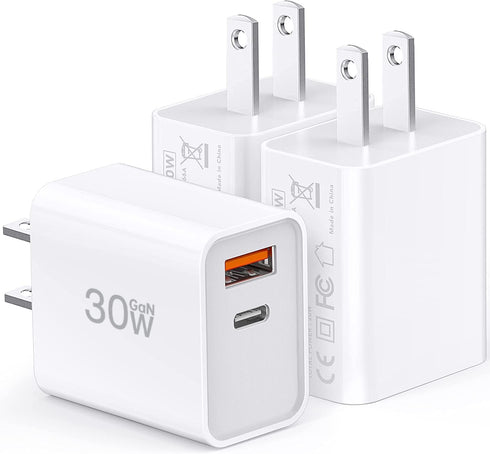 USB C Super Fast Charger - 3-Pack 30W Dual Port PD+QC Fast Charger Adapter Block for iPhone, iPad, MacBook