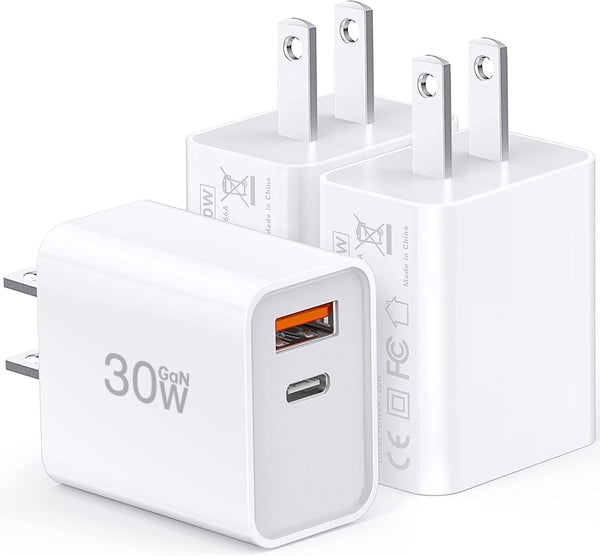 USB C Super Fast Charger - 3-Pack 30W Dual Port PD+QC Fast Charger Adapter Block for iPhone, iPad, MacBook