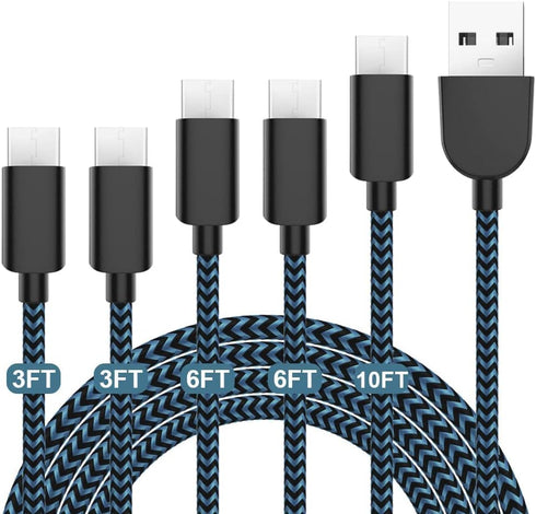 Fast Charging 3A USB-C to USB-A Cable 5Pack (3/3/6/6/10FT) for Samsung Galaxy S10 S9 S8 Plus, Note 10 9 8, LG V50 V40