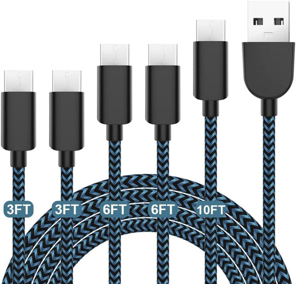 Fast Charging 3A USB-C to USB-A Cable 5Pack (3/3/6/6/10FT) for Samsung Galaxy S10 S9 S8 Plus, Note 10 9 8, LG V50 V40