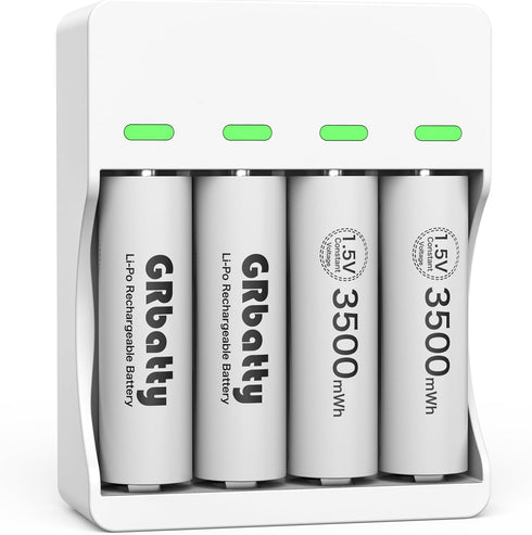 GRbatty Rechargeable AA Lithium Batteries, 3500mWh with AA and AAA Charger, 1500 Cycles