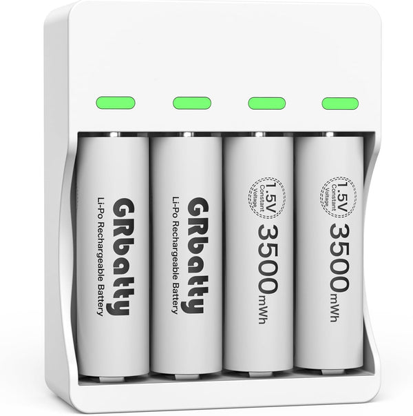 GRbatty Rechargeable AA Lithium Batteries, 3500mWh with AA and AAA Charger, 1500 Cycles