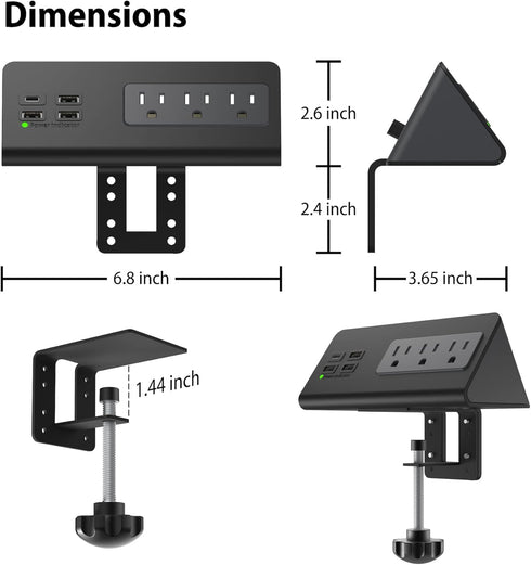 Nightstand Edge Mount Power Strip with USB-C Ports, 3 AC Outlets & 4 Fast Charging USB Ports for Home Office