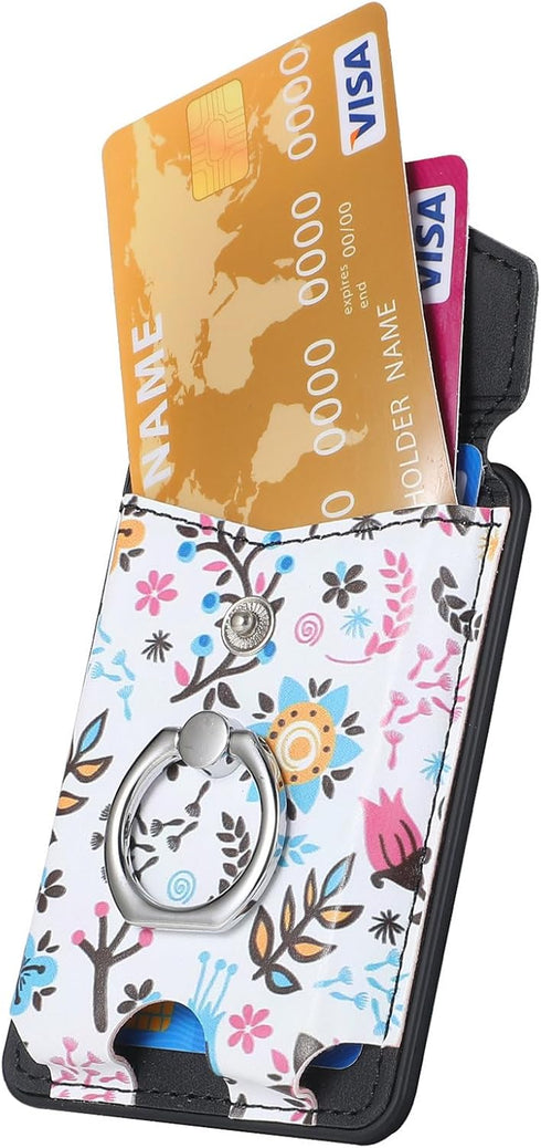 Card Holder for MagSafe Wallet with Ring for iPhone 15/14/13/12 Series, Strong Magnetic Floral Black Wallet Fit 5 Cards