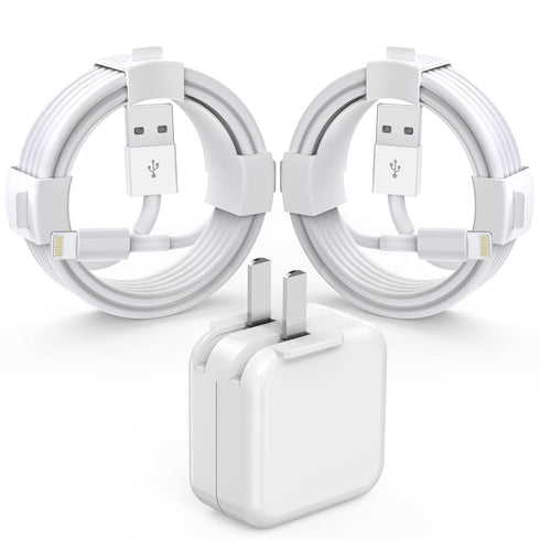MFi Certified iPad iPhone Charger with 12W Fast Charging Block & 2-Pack 6.6FT USB to Lightning Cables for iPad & iPhone.