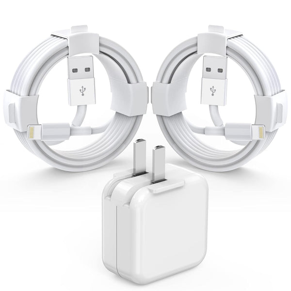 MFi Certified iPad iPhone Charger with 12W Fast Charging Block & 2-Pack 6.6FT USB to Lightning Cables for iPad & iPhone.